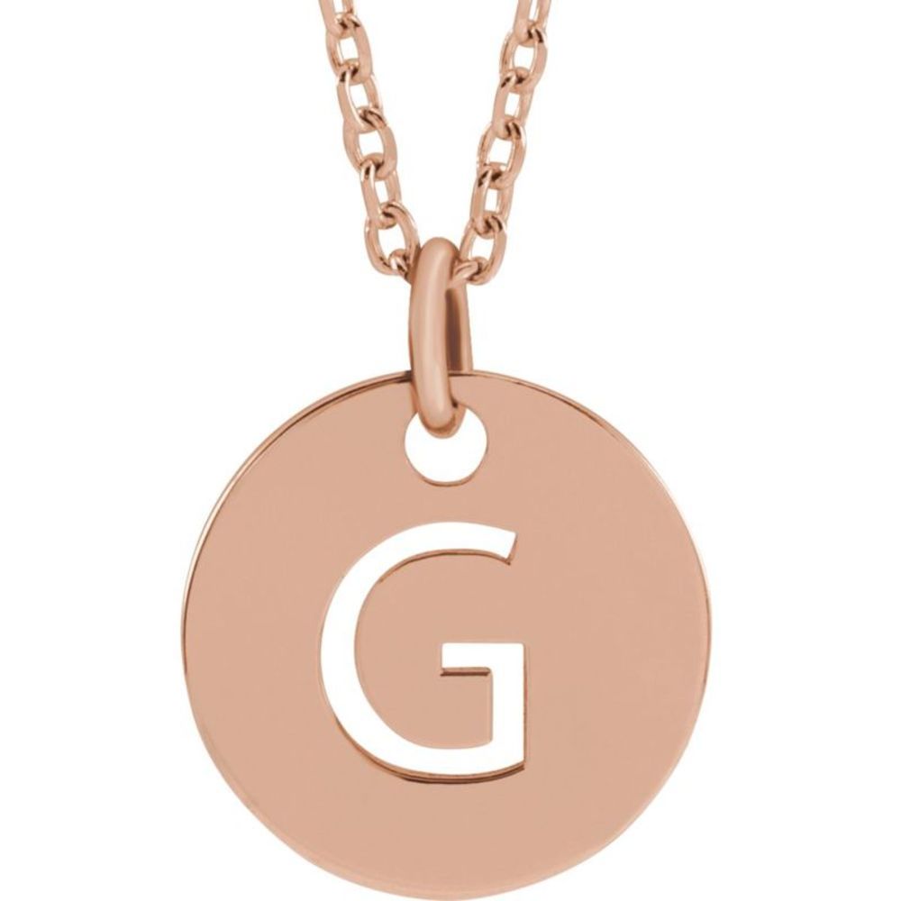 14k Rose Gold Initial G, Small 10mm Pierced Disc Necklace, 16-18 Inch